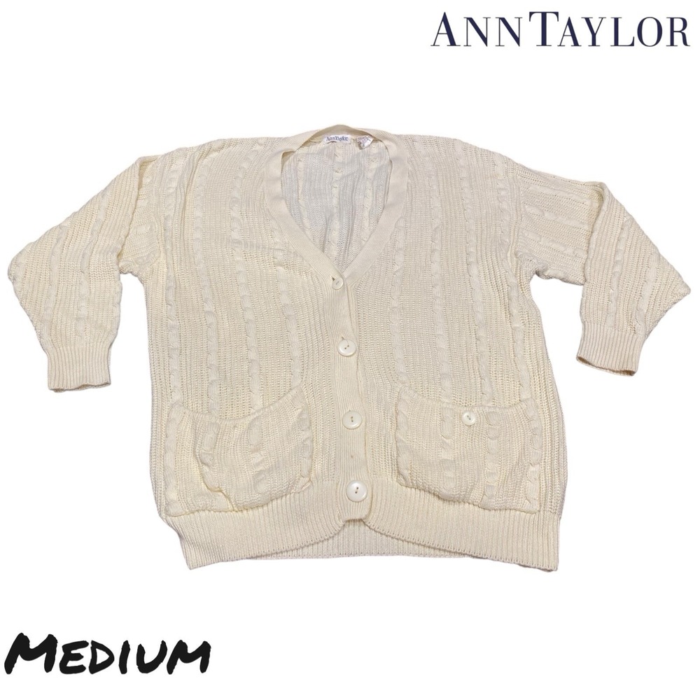 VTG 80s ANN TAYLOR Cardigan Sweater Cable Knit 100% MD Cotton Heavy Preppy Ivory
